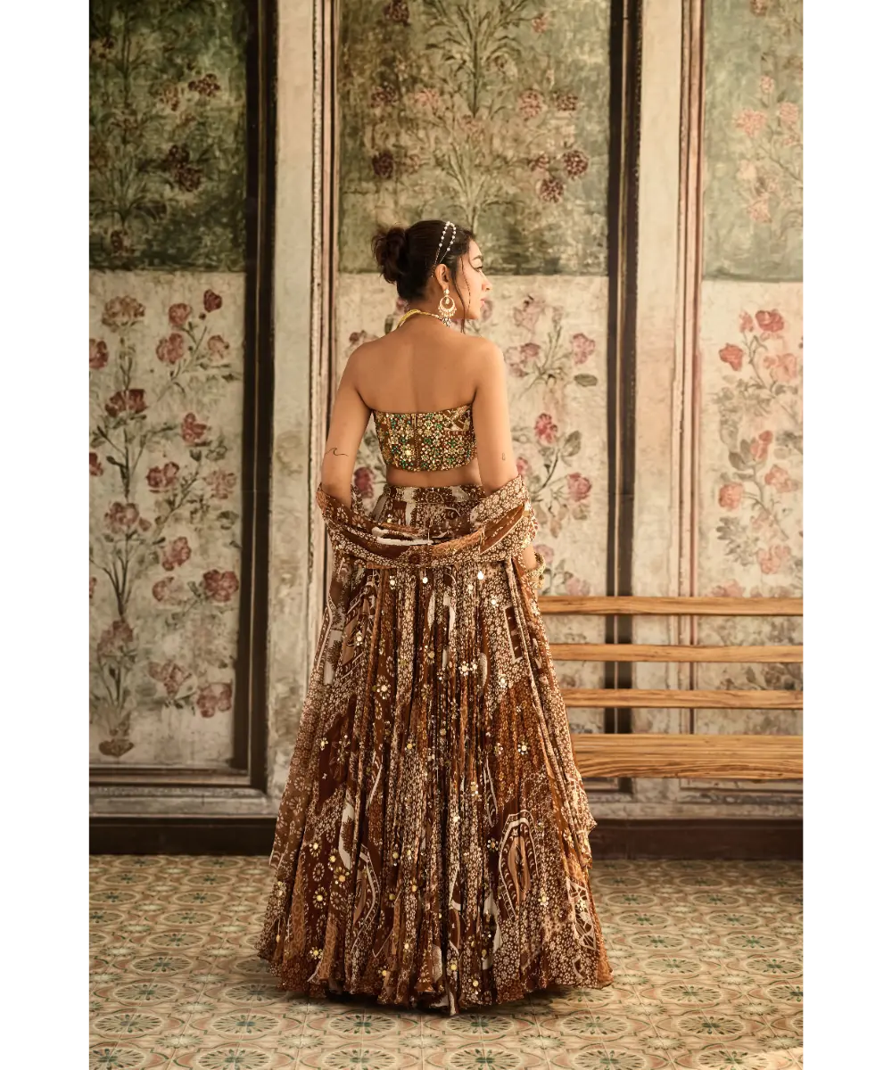 DIYARAJVVIR - Caramel Print and Highlighted Corset Top with Lehenga Set